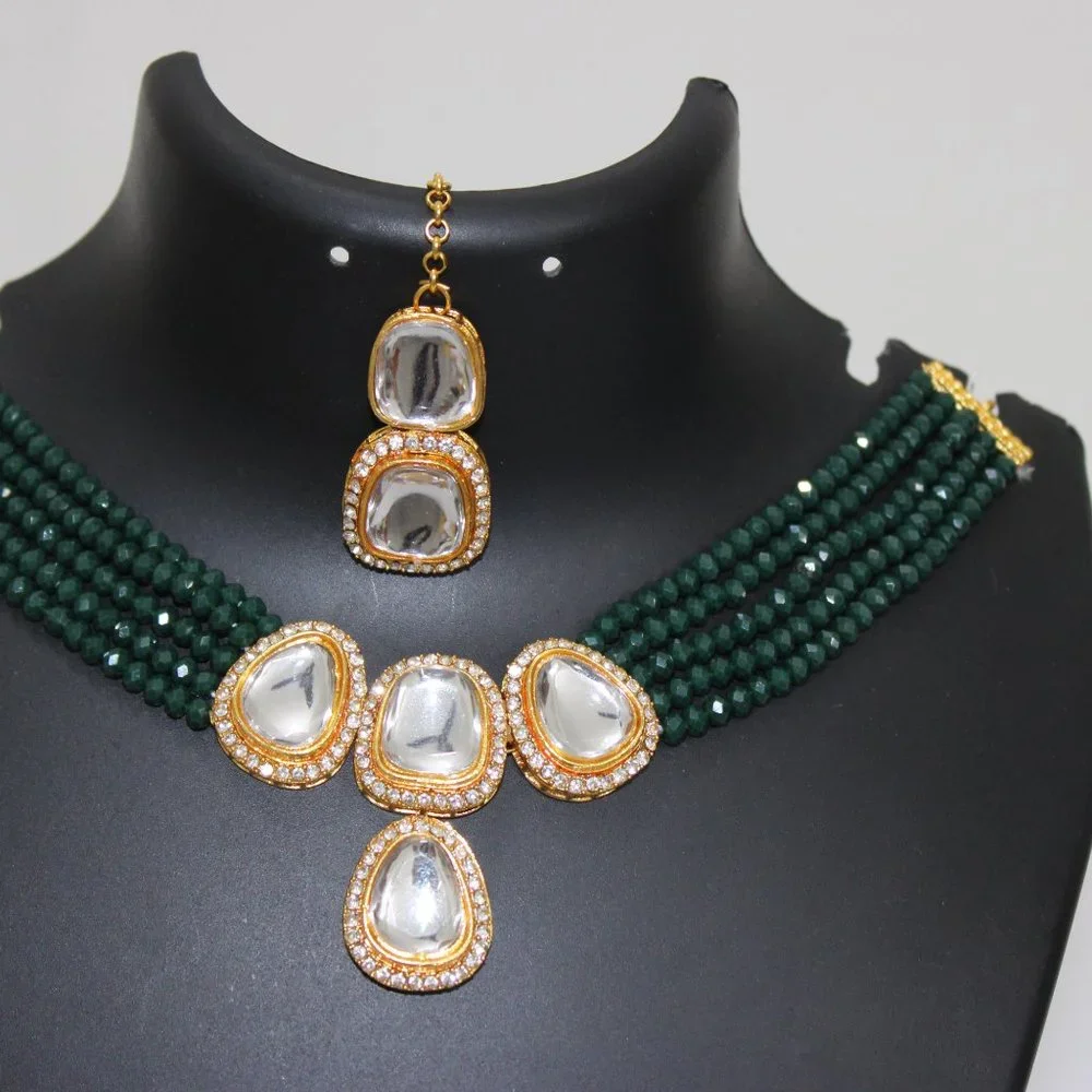 Green Kundan Polki Set for Women - Picture 4 of 4
